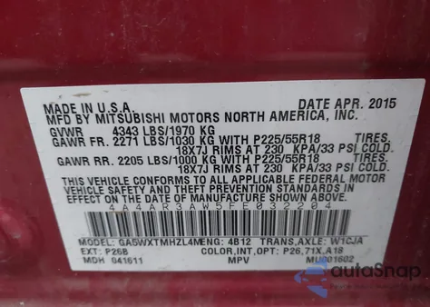 2015 Mitsubishi Outlander Sport Es from USA, damaged, VIN 4A4AR3AW5FE032204